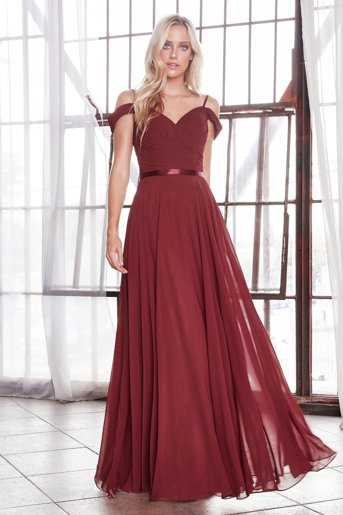 A-Line Chiffon Off Shoulder Corset Back Long Bridesmaid Dress CDCD0156