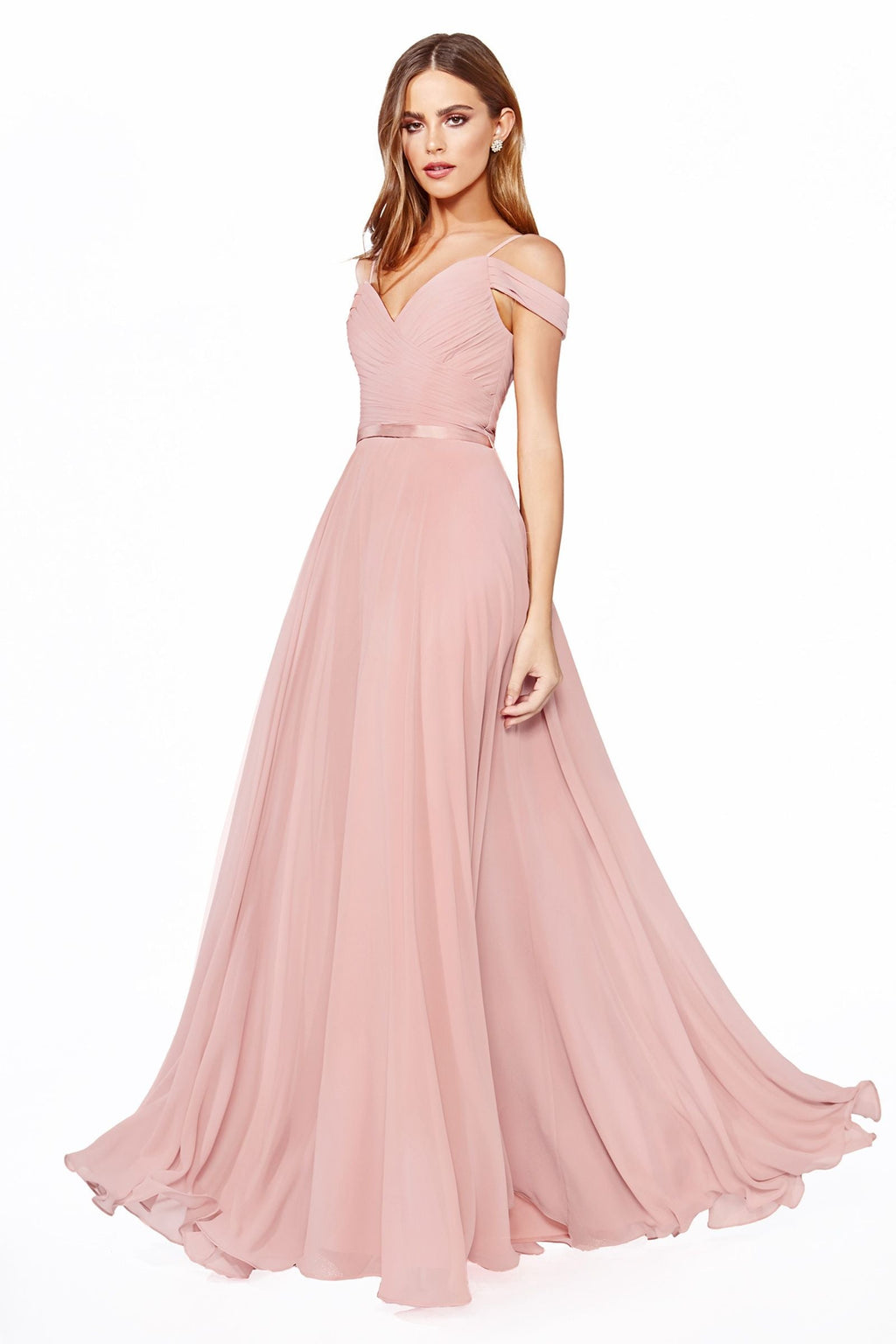 A-Line Chiffon Off Shoulder Corset Back Long Bridesmaid Dress CDCD0156