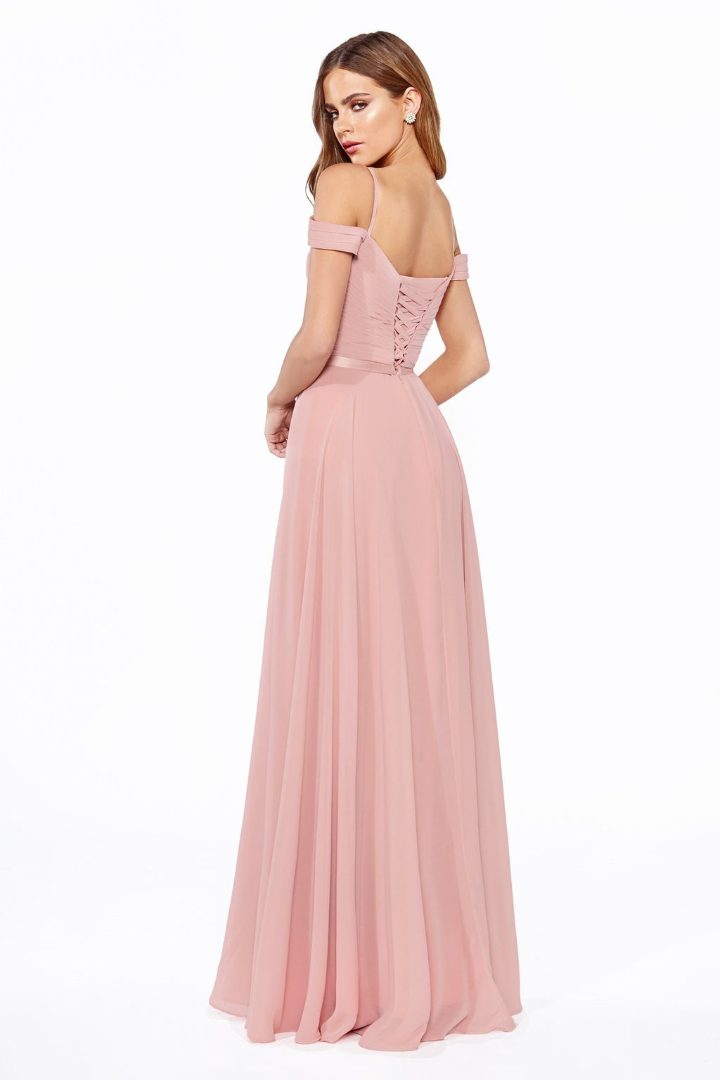 A-Line Chiffon Off Shoulder Corset Back Long Bridesmaid Dress CDCD0156