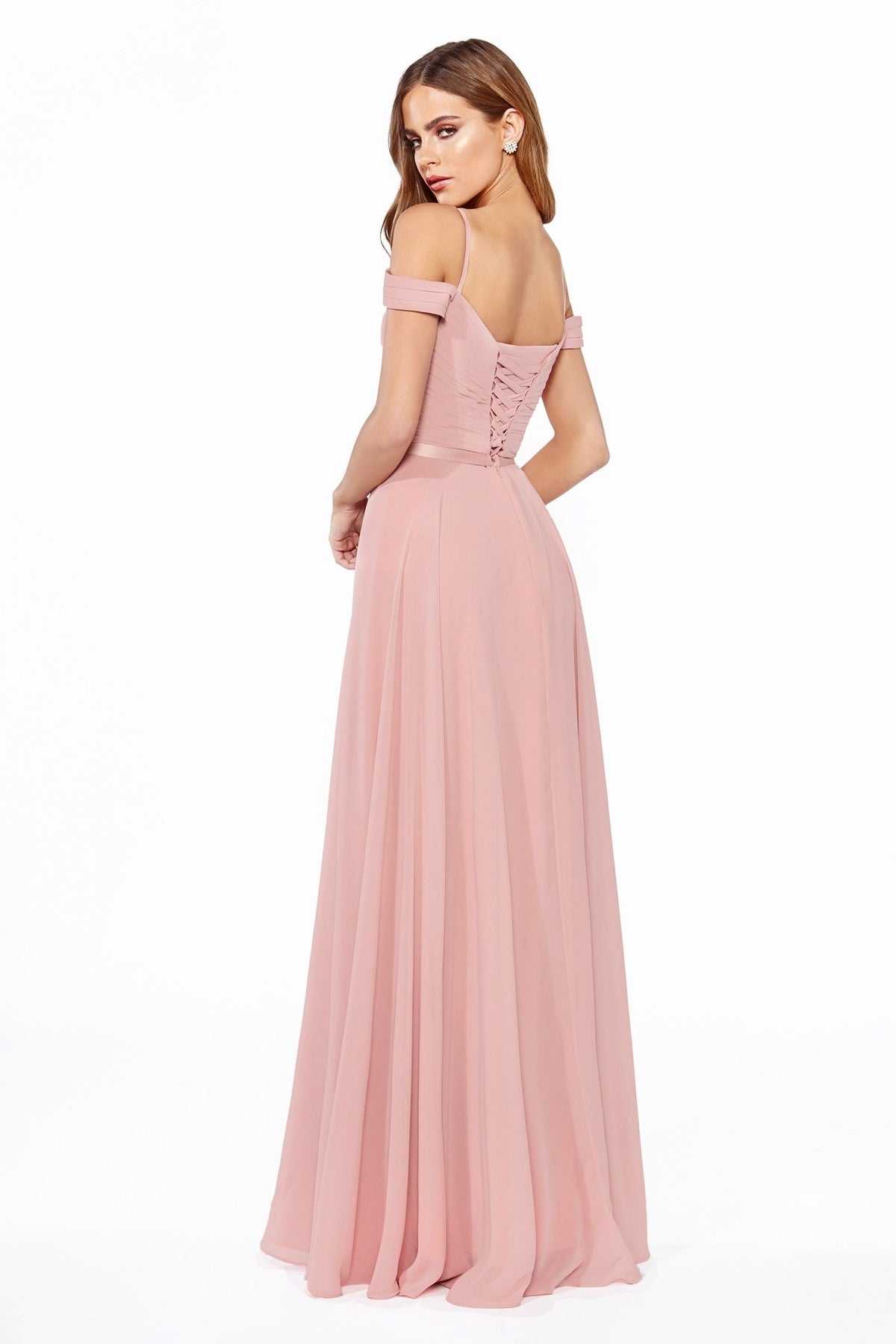 A-Line Chiffon Off Shoulder Corset Back Long Bridesmaid Dress CDCD0156