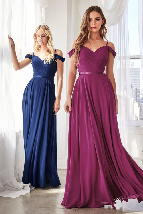 A-Line Chiffon Off Shoulder Corset Back Long Bridesmaid Dress CDCD0156