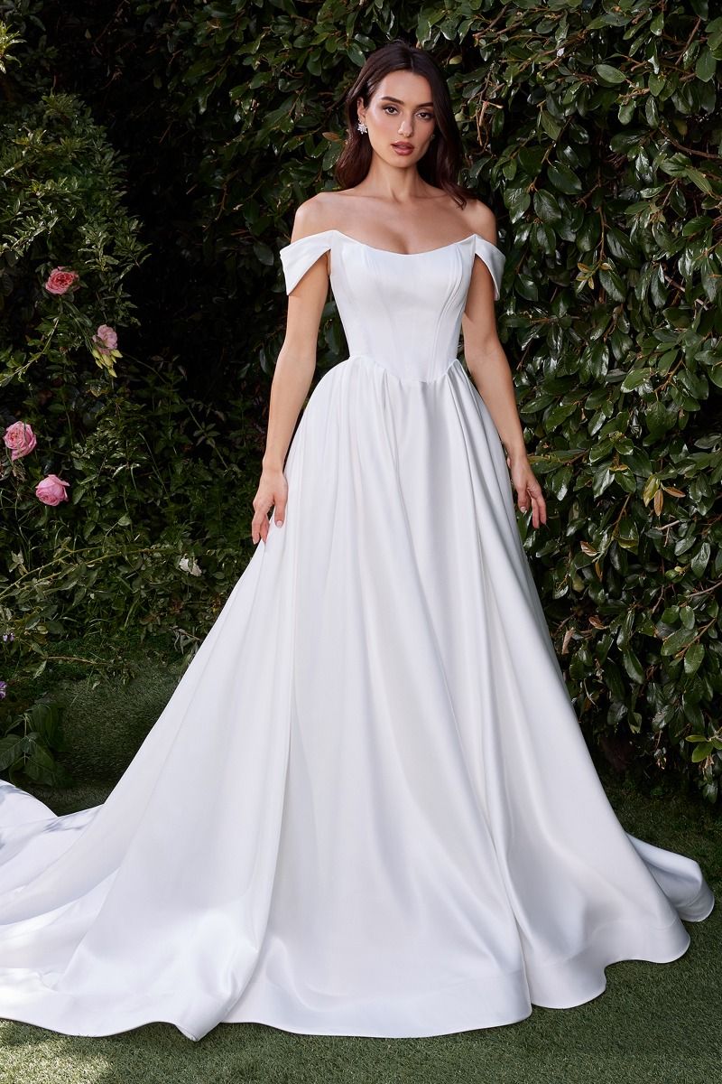 Off-Shoulder Satin Corset Wedding Gown with Flowing A-Line Skirt CDCDS513W
