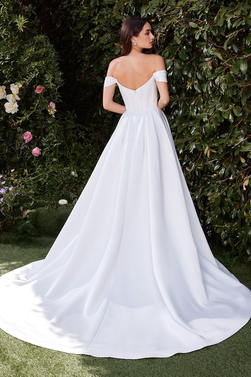 Off-Shoulder Satin Corset Wedding Gown with Flowing A-Line Skirt CDCDS513W