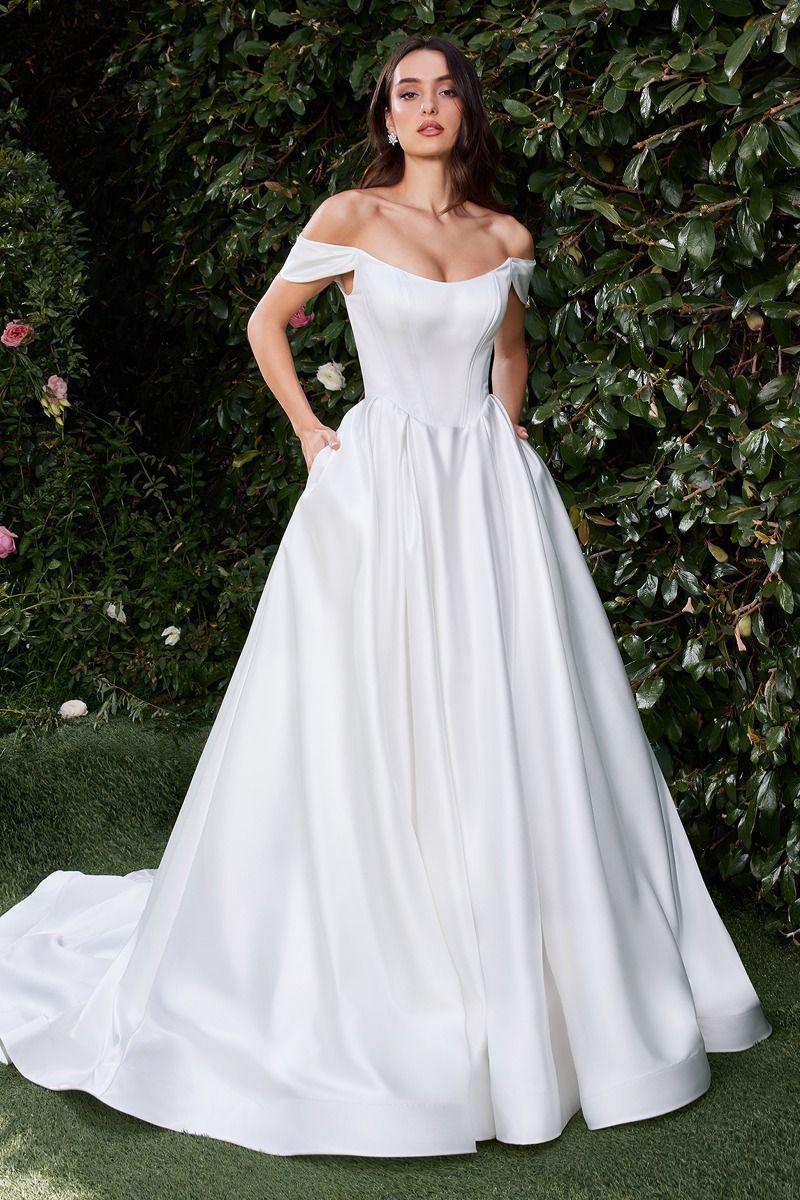 Off-Shoulder Satin Corset Wedding Gown with Flowing A-Line Skirt CDCDS513W