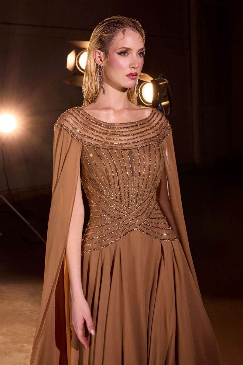 Sequins Embellished Mother Of Bride Lightweight Chiffon Gown w/ Dramatic Shoulder Capes CDCL08