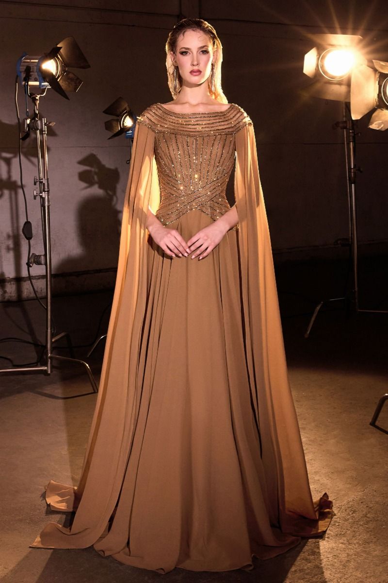 Sequins Embellished Mother Of Bride Lightweight Chiffon Gown w/ Dramatic Shoulder Capes CDCL08
