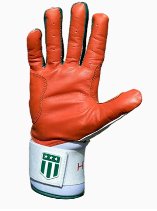 Long cuff White Glove with an Orange Palm and Green Trim Stock