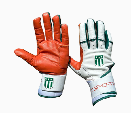 Long cuff White Glove with an Orange Palm and Green Trim Stock