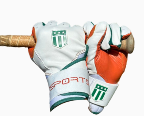 Long cuff White Glove with an Orange Palm and Green Trim Stock