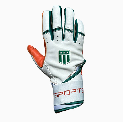 Long cuff White Glove with an Orange Palm and Green Trim Stock
