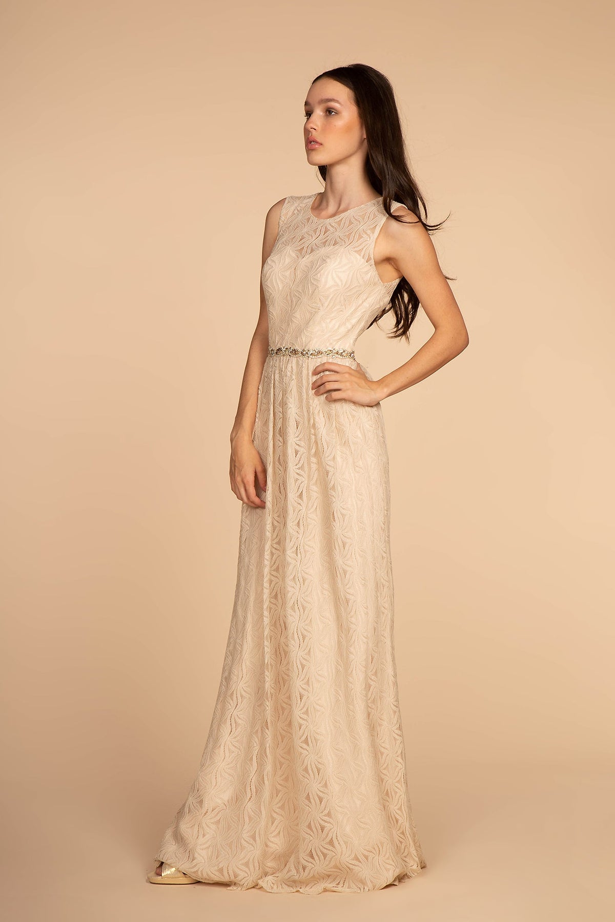 Jewel Embellished Waist Lace Long Mother Of The Bride Dress GLGL2611