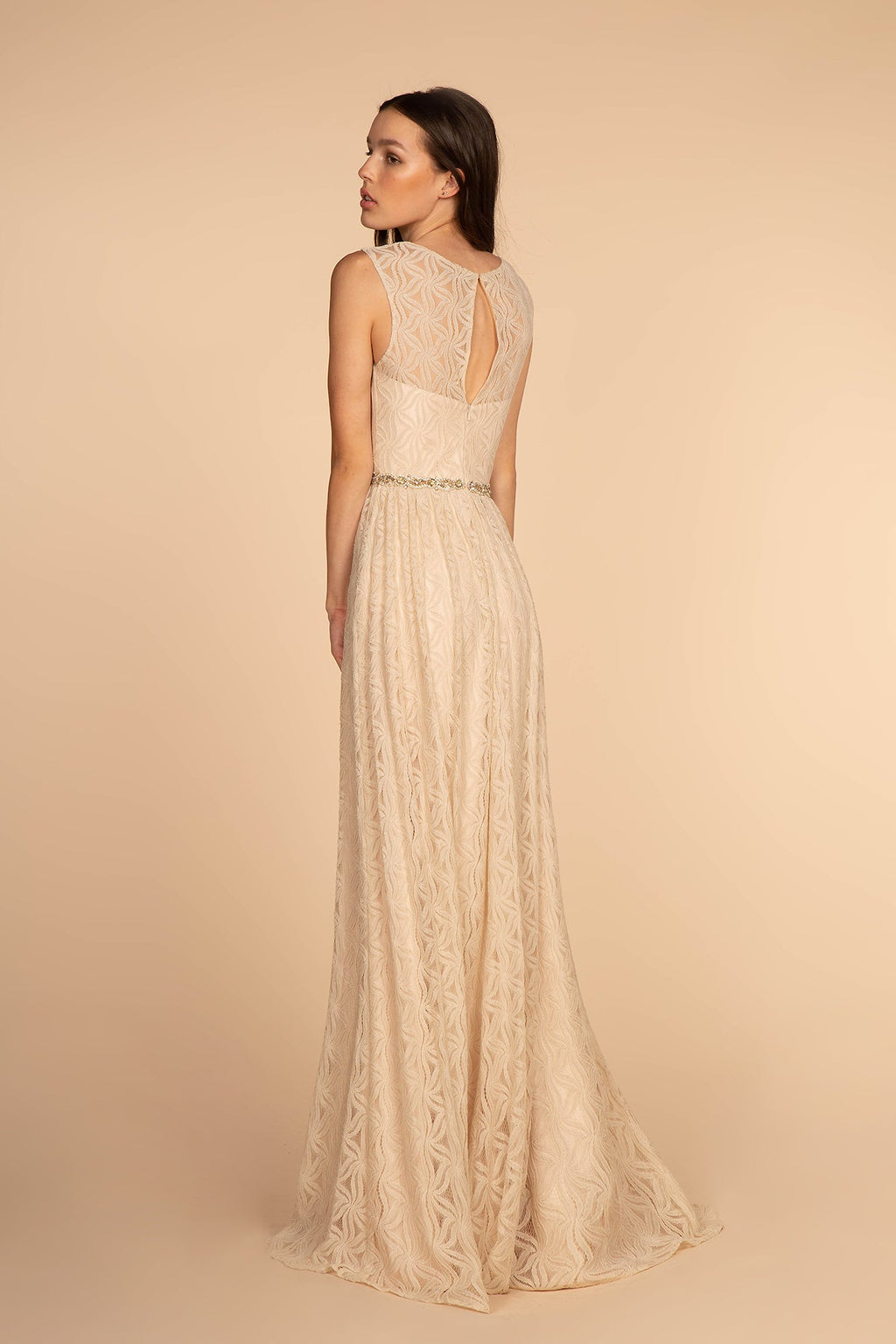 Jewel Embellished Waist Lace Long Mother Of The Bride Dress GLGL2611