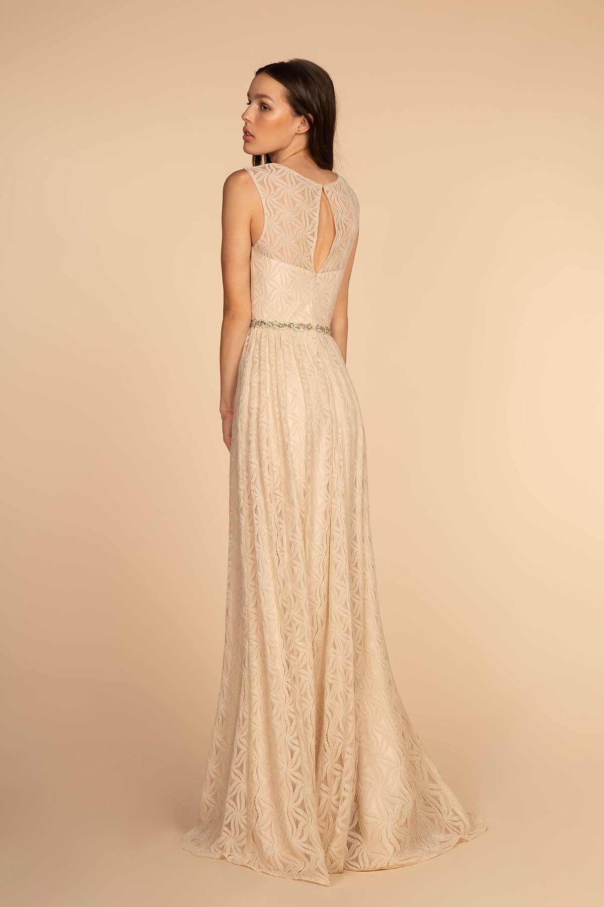 Jewel Embellished Waist Lace Long Mother Of The Bride Dress GLGL2611