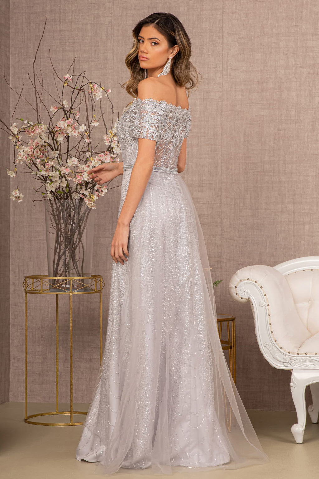 Glitter Print Mesh Cut-Away Shoulder A-Line Long Mother Of The Bride Dress GLGL2942