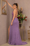 Sheer bodice sleeveless v neck sequin prom dress w leg slit GLGL3006