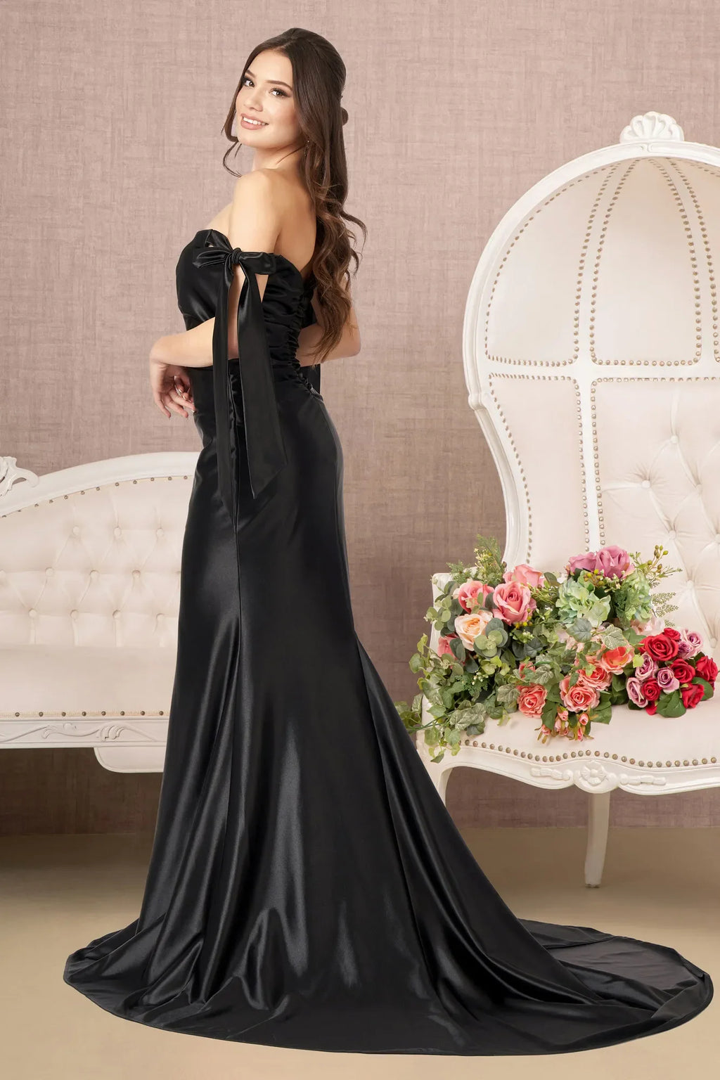 Gathered bodice satin mermaid dress w straight across neckline GLGL3059