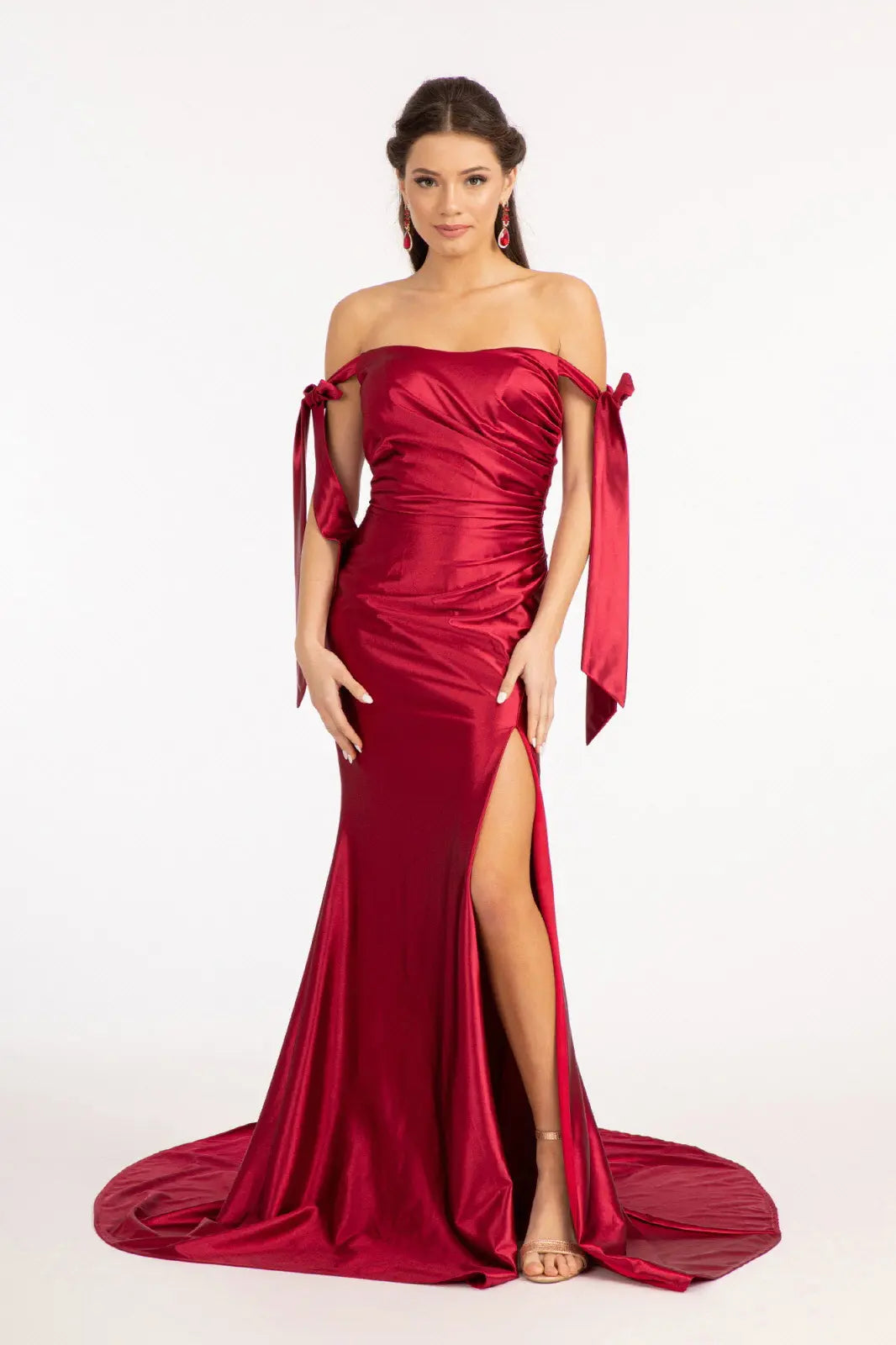 Gathered bodice satin mermaid dress w straight across neckline GLGL3059