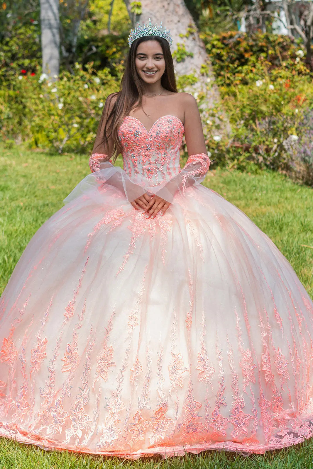 Jewel Sequin Sweetheart Mesh Ball Gown w/ Long Sheer Sleeves GLGL3235