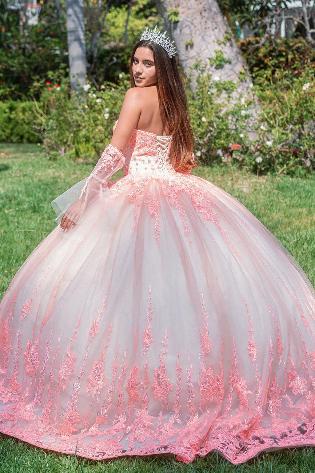 Jewel Sequin Sweetheart Mesh Ball Gown w/ Long Sheer Sleeves GLGL3235