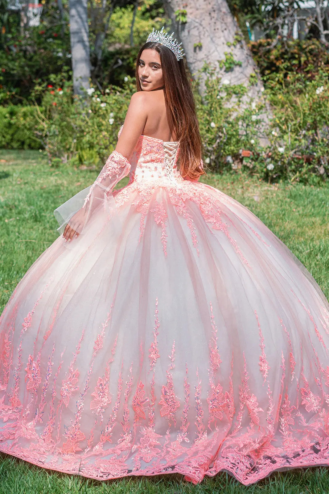 Jewel Sequin Sweetheart Mesh Ball Gown w/ Long Sheer Sleeves GLGL3235