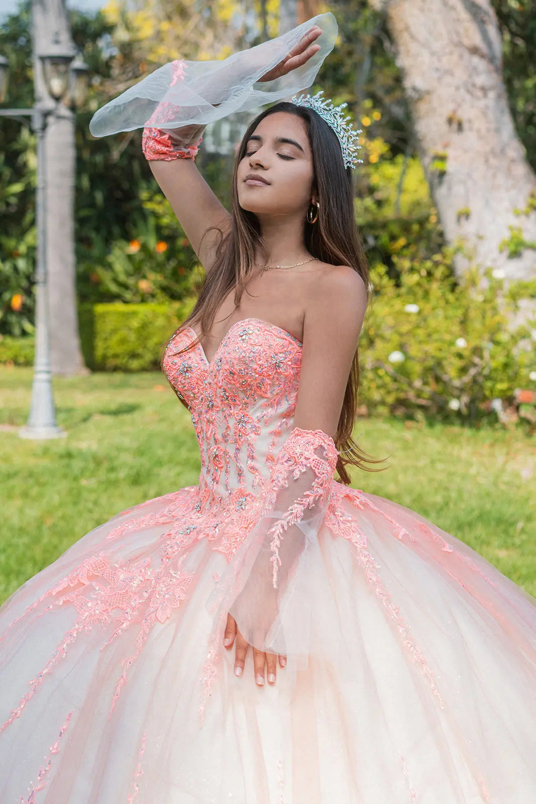 Jewel Sequin Sweetheart Mesh Ball Gown w/ Long Sheer Sleeves GLGL3235