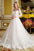 Wide v neck long sleeve lace underlayer embroidered hem a line wedding gown GLGL3653