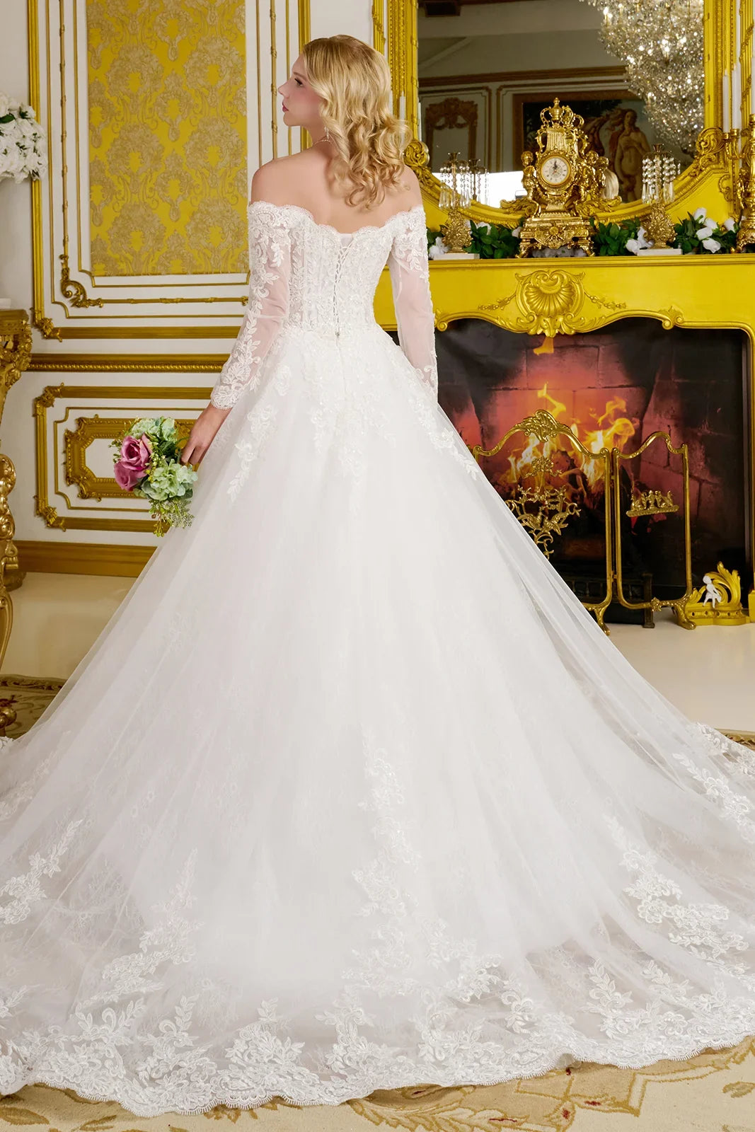 Wide v neck long sleeve lace underlayer embroidered hem a line wedding gown GLGL3653