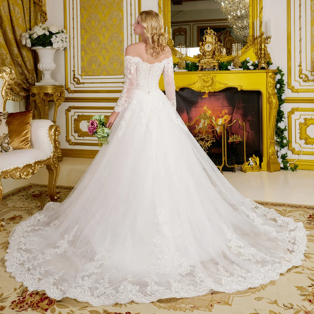 Wide v neck long sleeve lace underlayer embroidered hem a line wedding gown GLGL3653