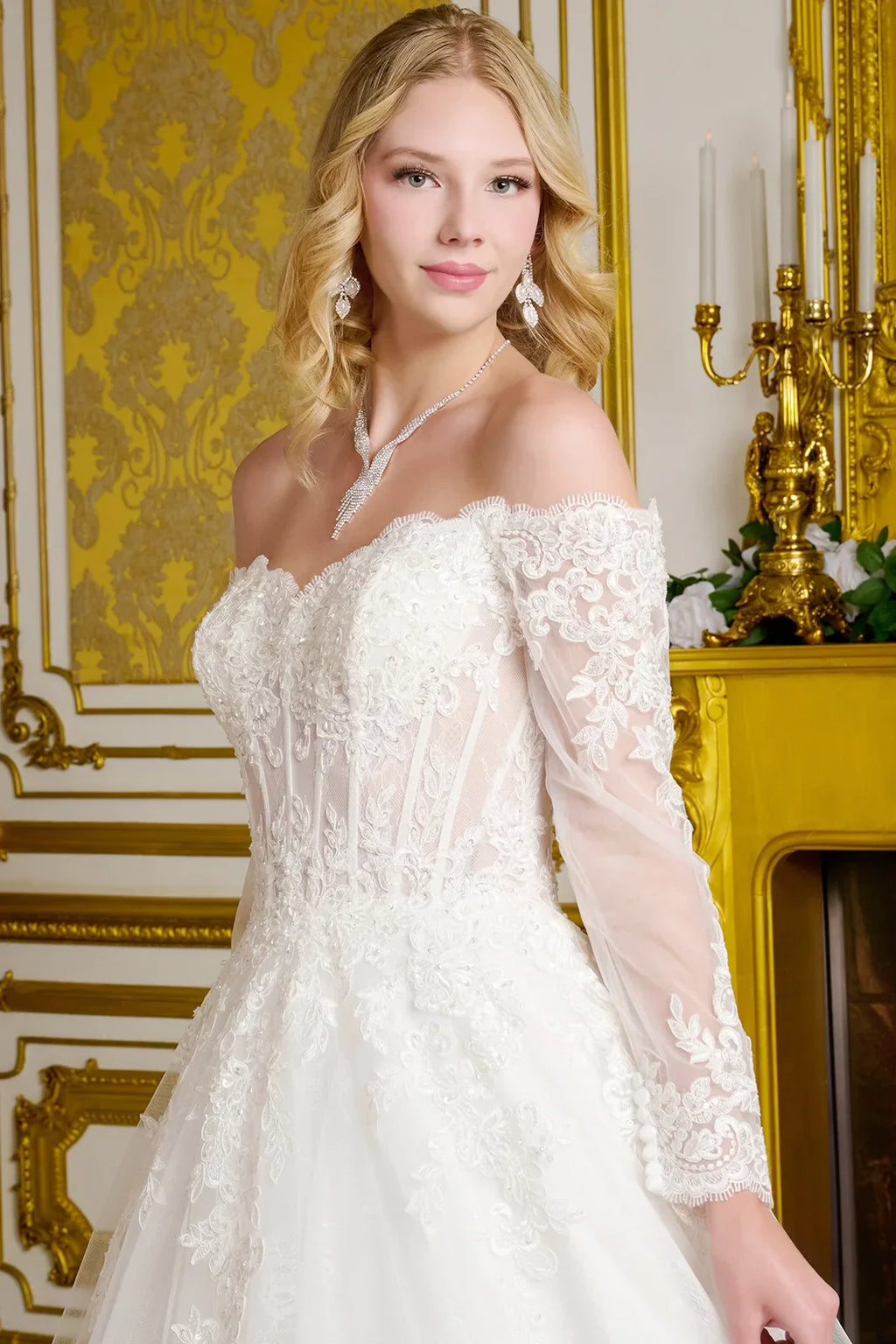Wide v neck long sleeve lace underlayer embroidered hem a line wedding gown GLGL3653
