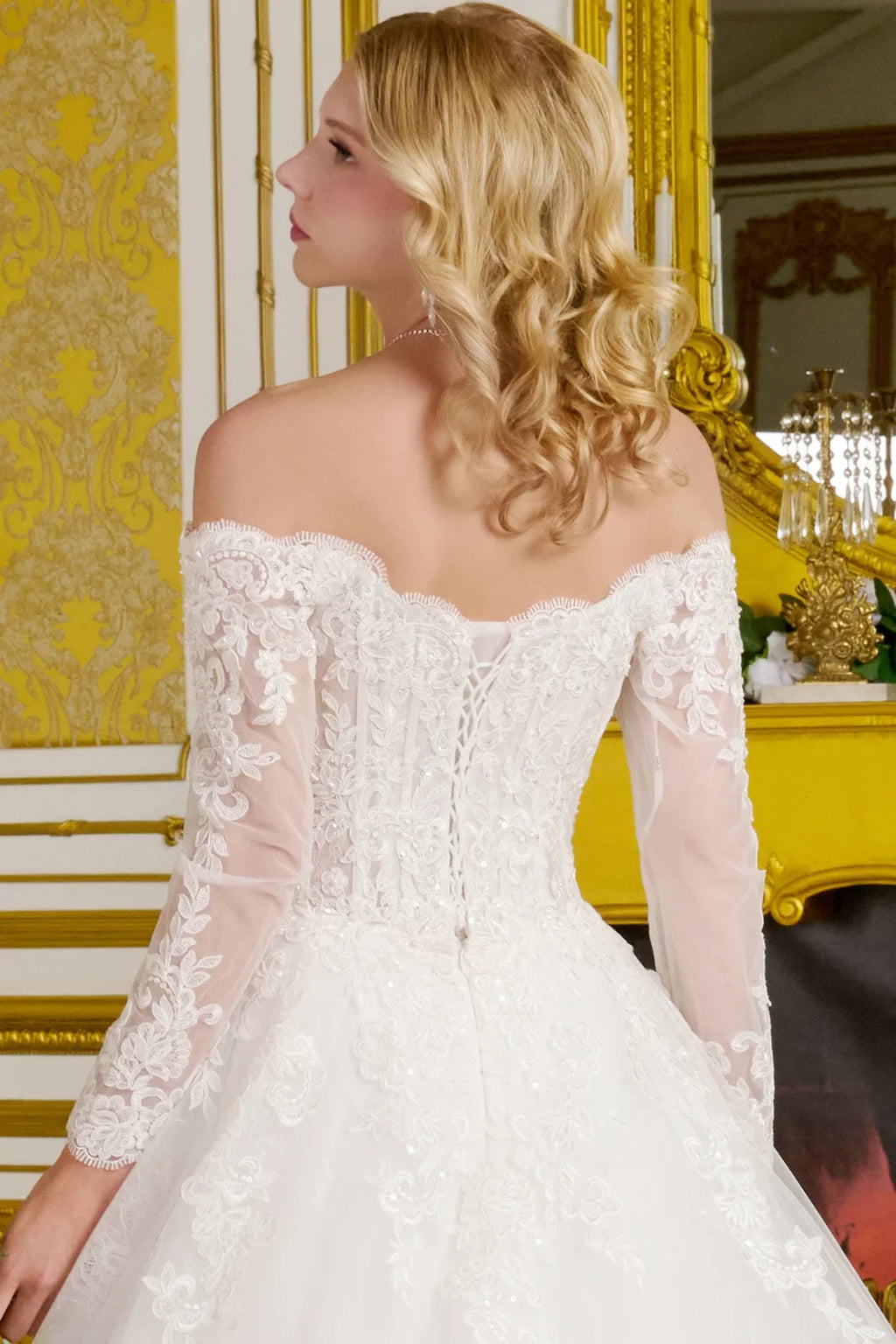 Wide v neck long sleeve lace underlayer embroidered hem a line wedding gown GLGL3653