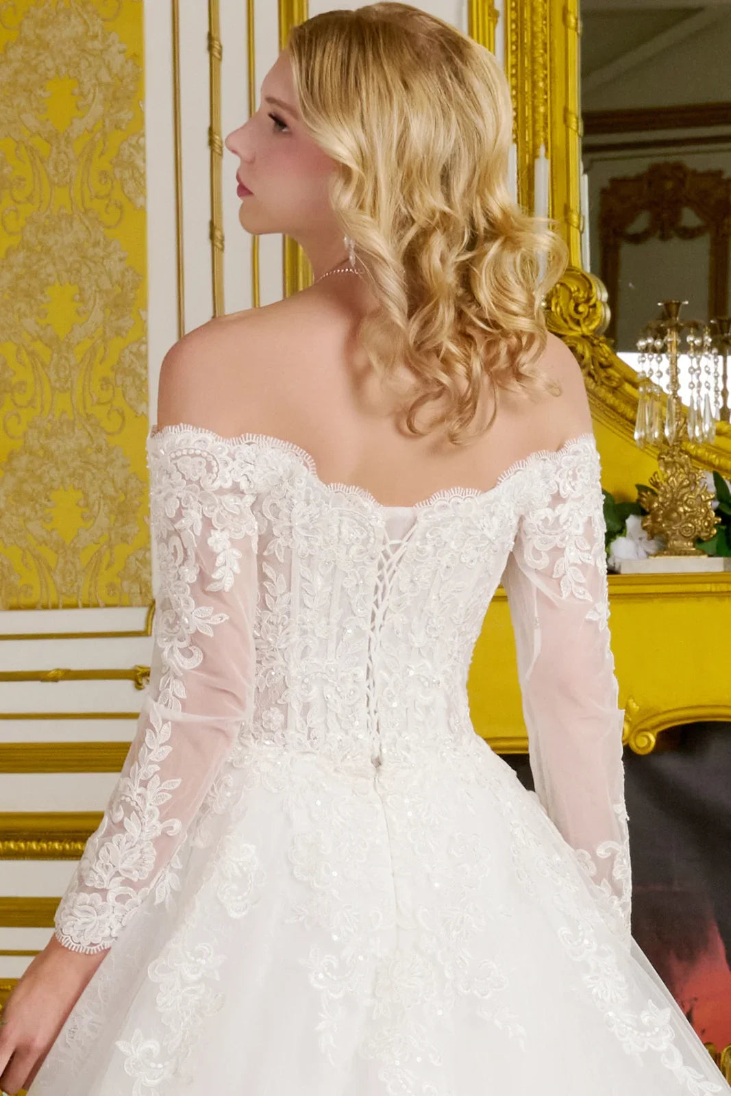 Wide v neck long sleeve lace underlayer embroidered hem a line wedding gown GLGL3653