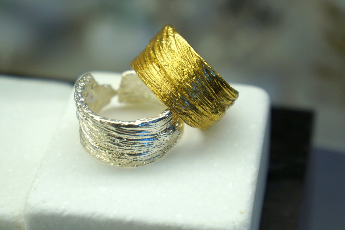 Real Bitter Orange Tree Bark Gold Ring, Handmade Nature Jewelry, Organic Botanical Band, Gift for Memory & Renewal, 14K Gold Plated Sterling Silver 925