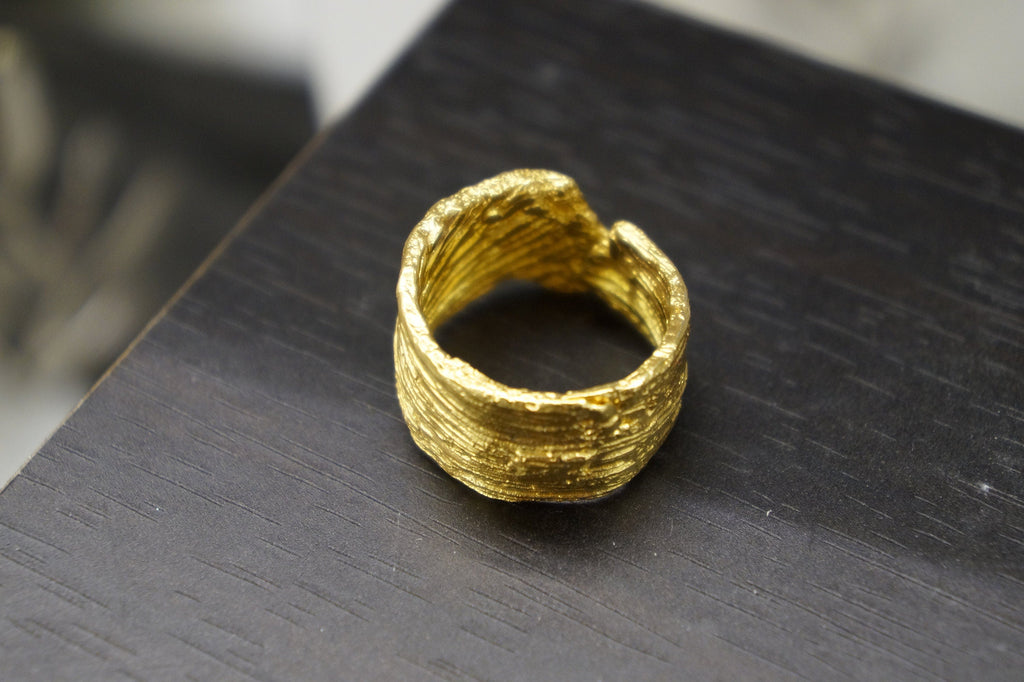 Real Bitter Orange Tree Bark Gold Ring, Handmade Nature Jewelry, Organic Botanical Band, Gift for Memory & Renewal, 14K Gold Plated Sterling Silver 925