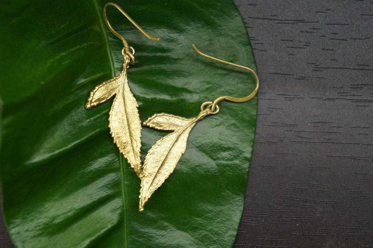Rose Leaf Earrings: Eco Friendly Jewelry (Recycled Brass, Gold Plated)