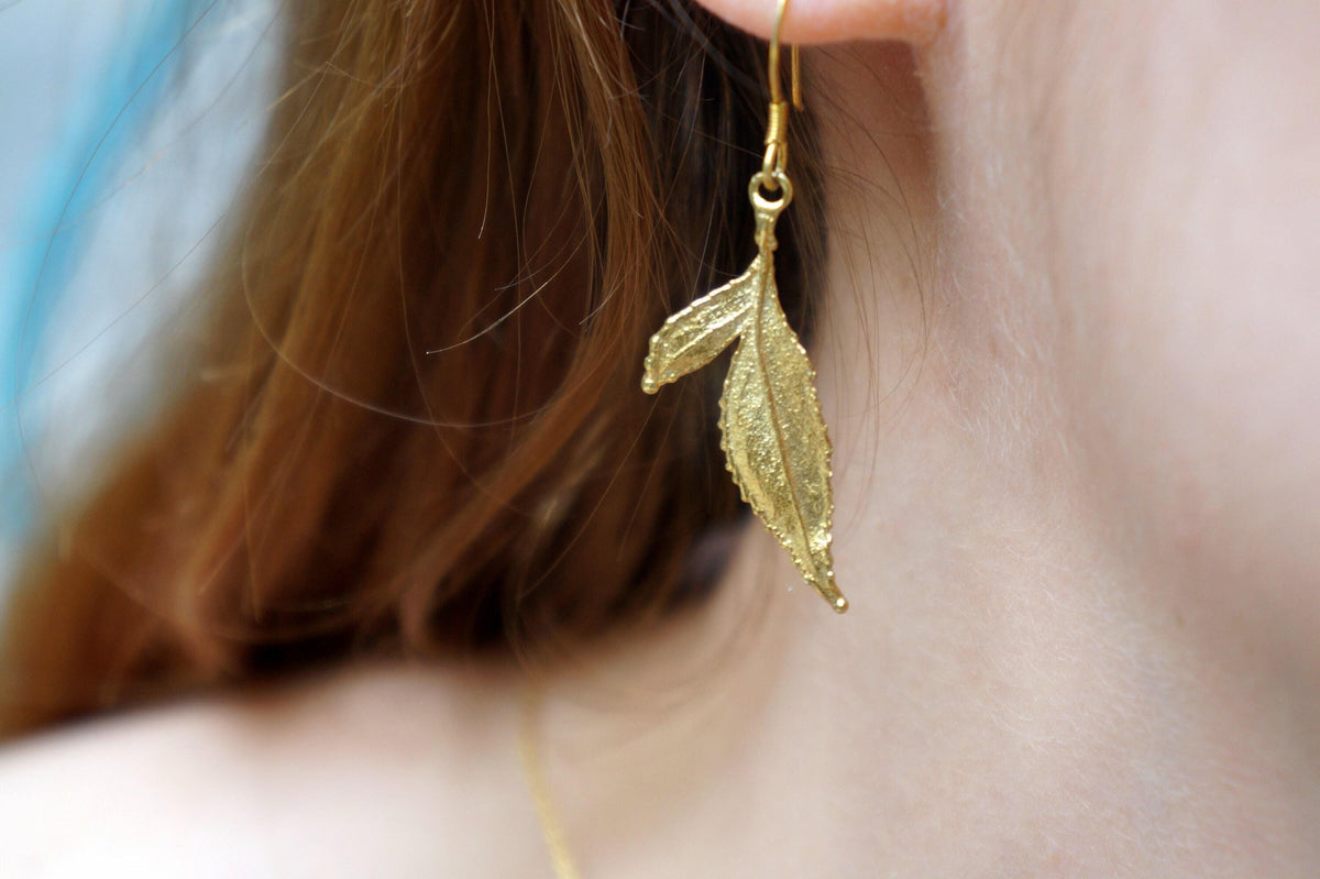 Rose Leaf Earrings: Eco Friendly Jewelry (Recycled Brass, Gold Plated)