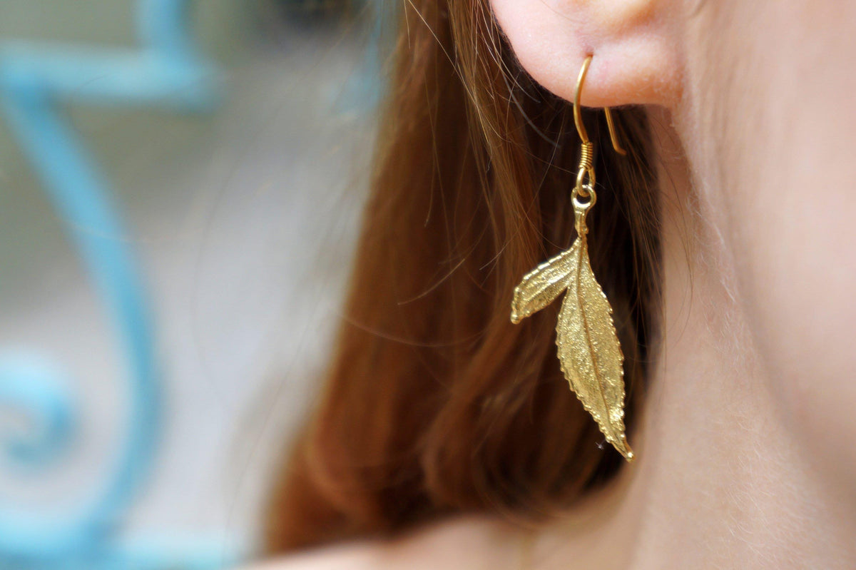 Rose Leaf Earrings: Eco Friendly Jewelry (Recycled Brass, Gold Plated)