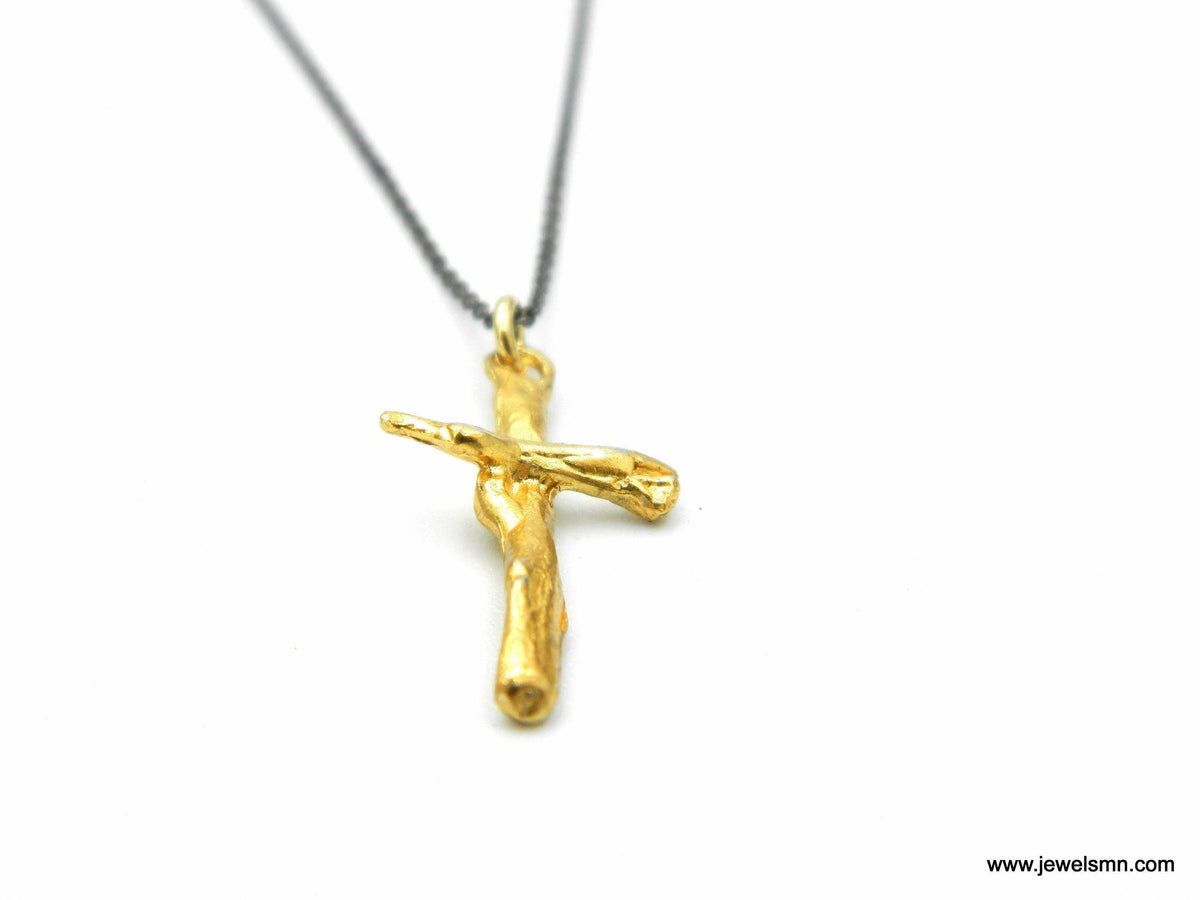 Solid Gold Olive Branch Cross Pendant, Handmade Minimalist Jewelry, Botanical Necklace, Gift for Faith & Purity, Real Gold (9K, 14K, 18K)