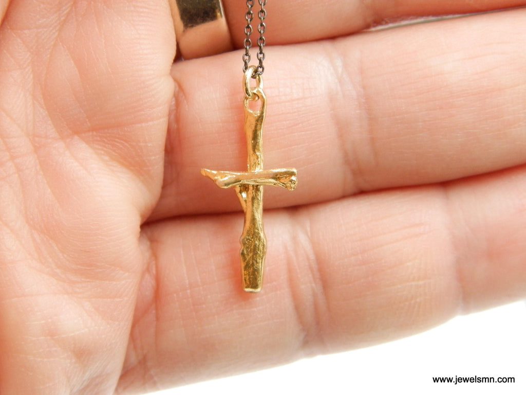 Solid Gold Olive Branch Cross Pendant, Handmade Minimalist Jewelry, Botanical Necklace, Gift for Faith & Purity, Real Gold (9K, 14K, 18K)