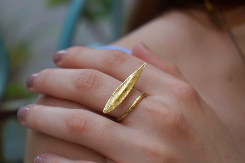 Real Olive Leaf Gold Ring, Handmade Nature Jewelry, Organic Botanical Band, Gift for Peace & Protection, 14K Gold Plated Brass