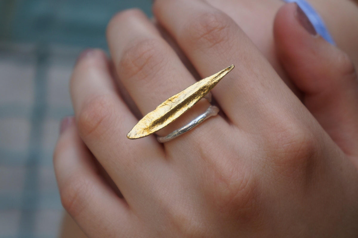 Real Olive Leaf Gold Ring, Handmade Nature Jewelry, Organic Botanical Band, Gift for Peace & Protection, 14K Gold Plated Brass