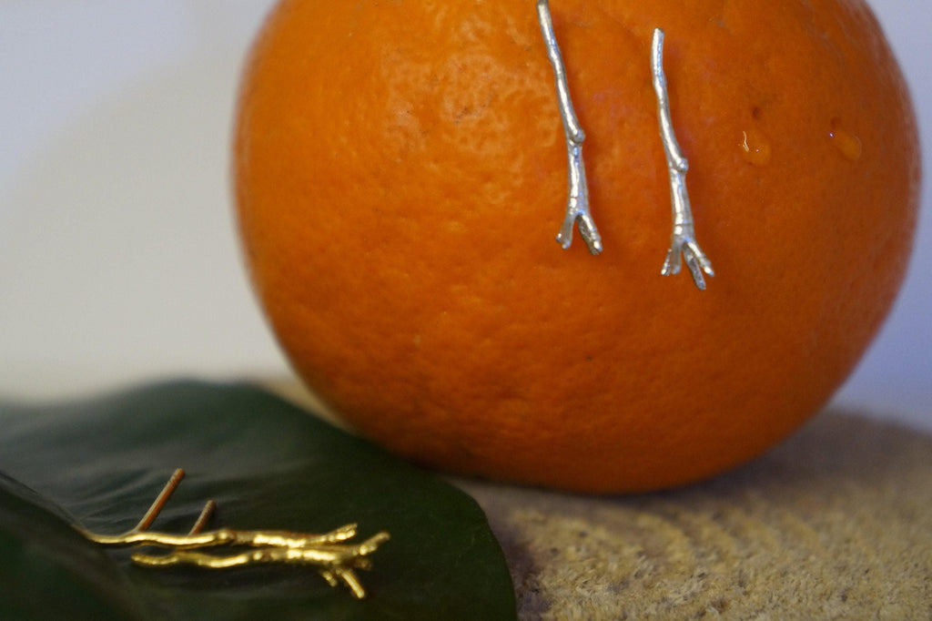 Gold Jasmine Branch Earrings, Handmade Nature Jewelry, Organic Twig Studs, Gift for Purity & Health, Eco Sustainable Sterling Silver 925