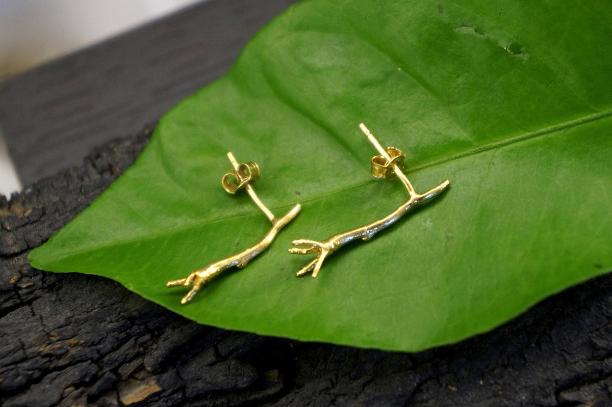 Gold Jasmine Branch Earrings, Handmade Nature Jewelry, Organic Twig Studs, Gift for Purity & Health, Eco Sustainable Sterling Silver 925