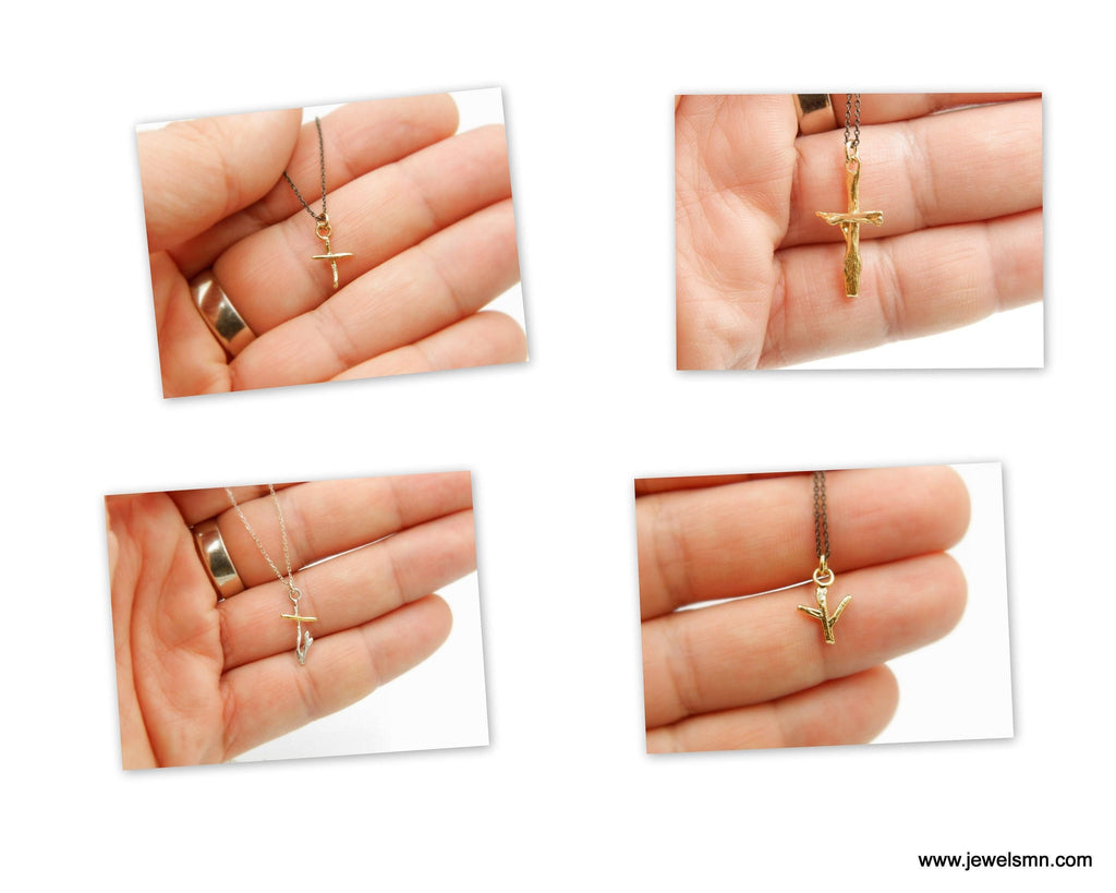 Solid Gold Olive Branch Cross Pendant, Handmade Minimalist Jewelry, Botanical Necklace, Gift for Faith & Purity, Real Gold (9K, 14K, 18K)
