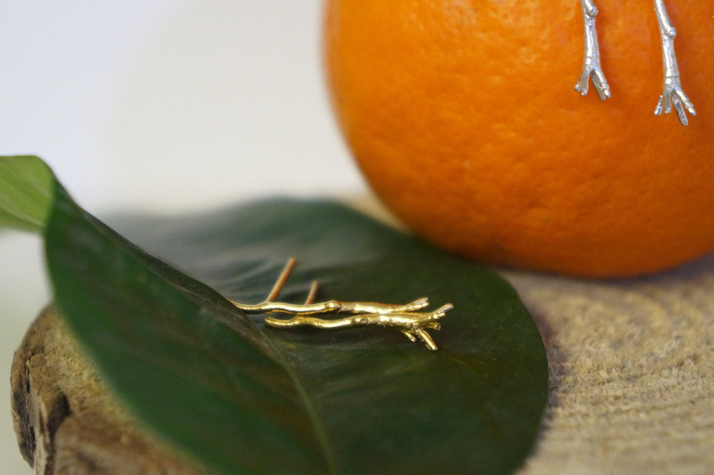 Gold Jasmine Branch Earrings, Handmade Nature Jewelry, Organic Twig Studs, Gift for Purity & Health, Eco Sustainable Sterling Silver 925