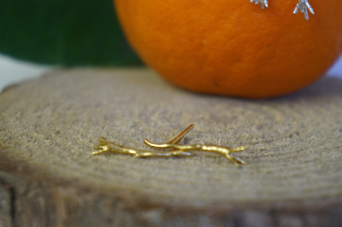 Gold Jasmine Branch Earrings, Handmade Nature Jewelry, Organic Twig Studs, Gift for Purity & Health, Eco Sustainable Sterling Silver 925