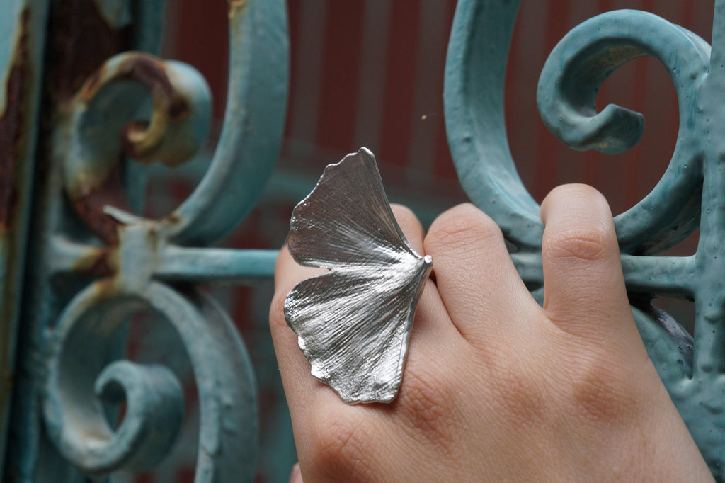 Real Ginkgo Biloba Leaf Ring, Handmade Statement Jewelry, Organic Boho Band, Gift for Health and Longevity, Sterling Silver 925