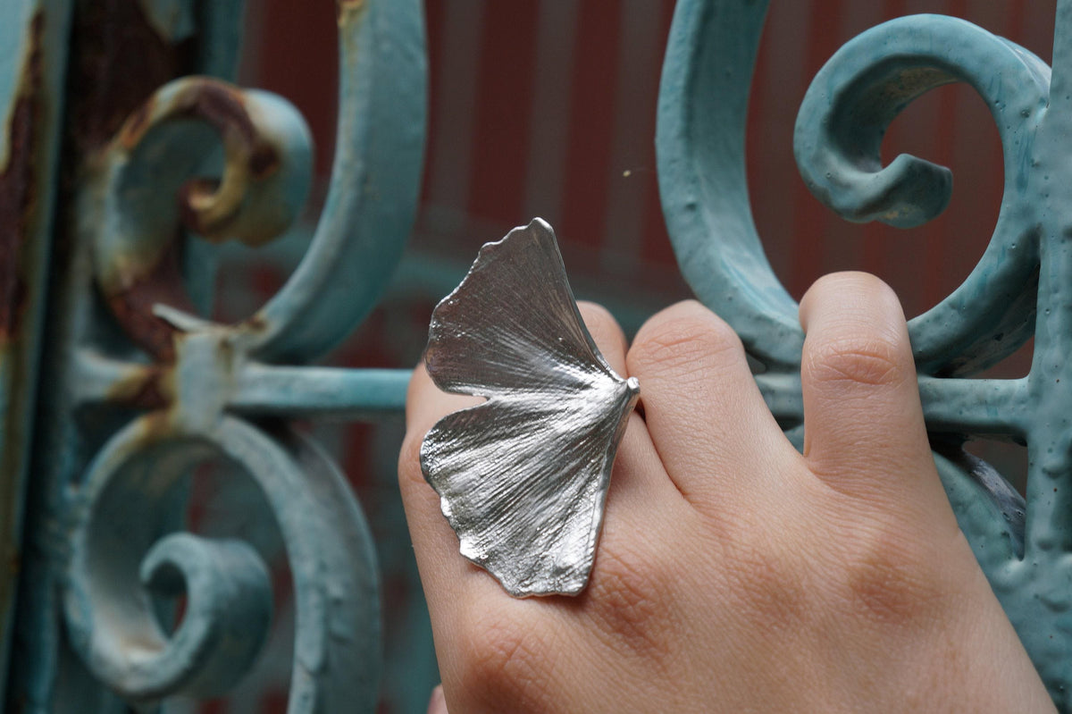 Real Ginkgo Biloba Leaf Ring, Handmade Statement Jewelry, Organic Boho Band, Gift for Health and Longevity, Sterling Silver 925