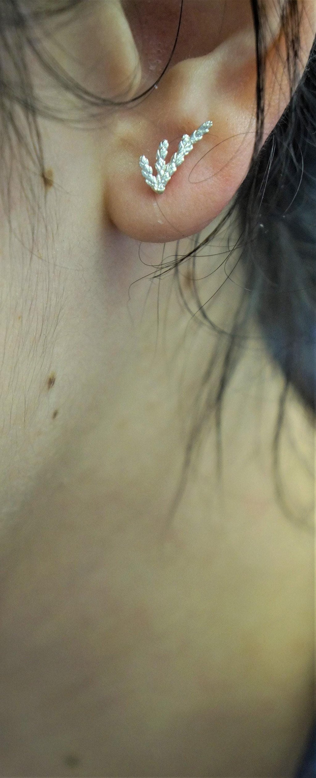 Real Juniper Dainty Earrings, Handmade Minimalist Jewelry, Organic Forest Studs, Gift for Health & Luck, Gold or Sterling Silver 925