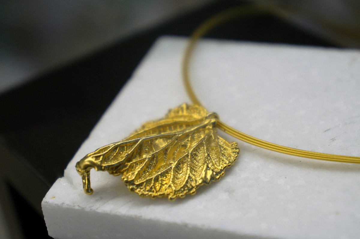 Real Mulberry Leaf Necklace, Handmade Nature Jewelry, Organic Gold Pendant, Gift for Rejuvenation & Health, Sterling Silver 925