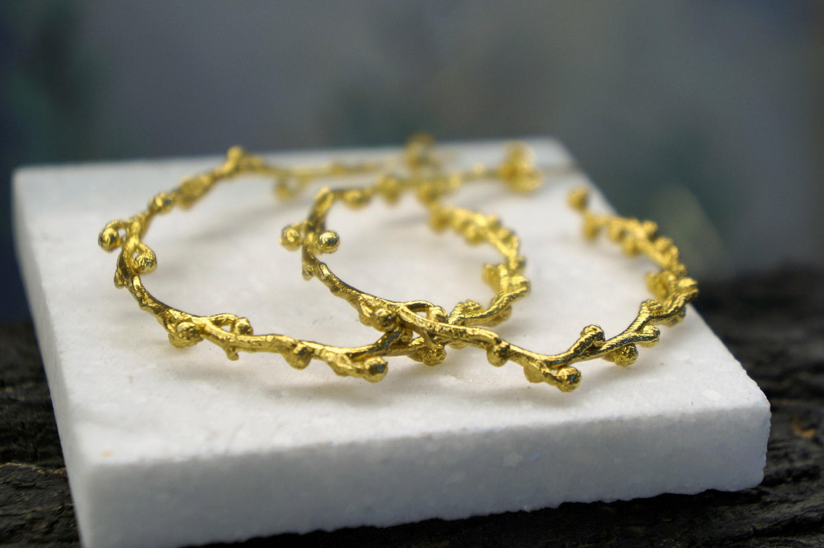 Real Mimosa Branch Earrings, Handmade Nature Jewelry, Organic Forest Hoops, Gift for Vitality & Luck, Gold on Sterling Silver 925